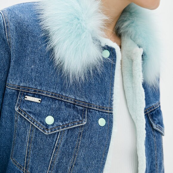 NWT DASTI Women's Sherpa Trucker Collar Jacket – Blue Denim & Mint Sherpa - Picture 4 of 5
